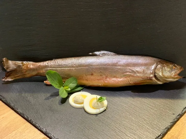Ganzer geräucherter Fisch von der Seite, dahinter eine dunkle Schieferwand, davor Ei-Hälften und ein Kräuterzweig.
